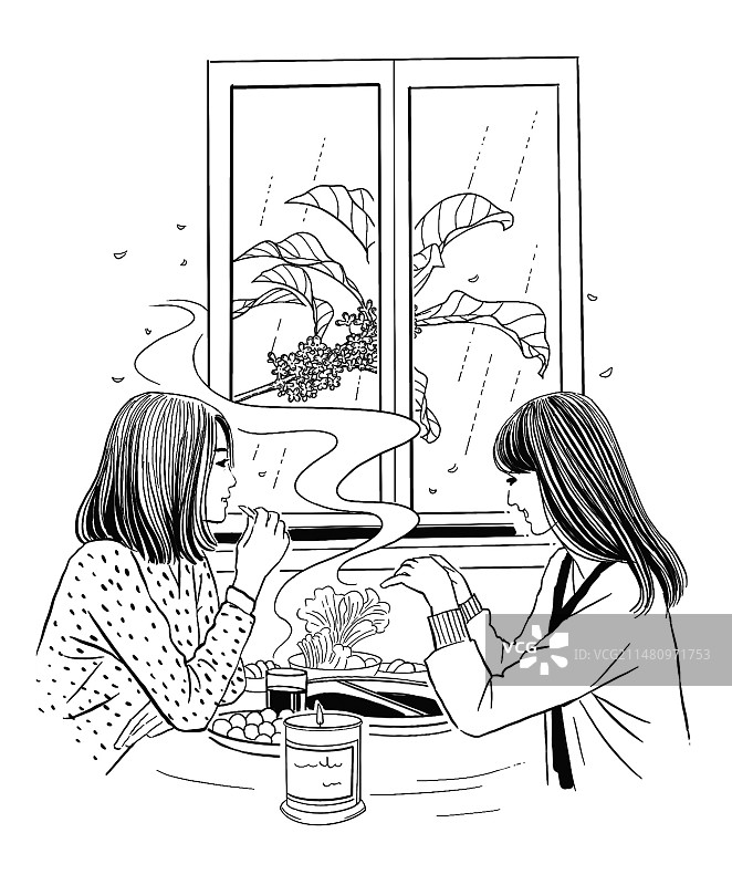 人物两个人闺蜜朋友女孩女人交谈聊天看风景吃饭手绘黑白插图图片素材