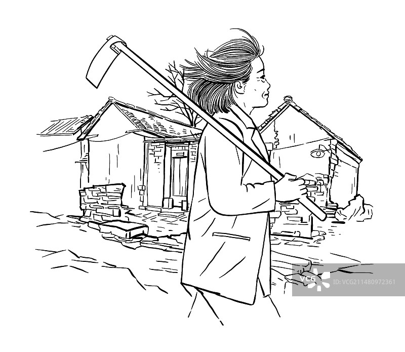 乡村邻里关系生活农活女人田地种地说话男人村委工作乡村播种手绘插图黑白图片素材