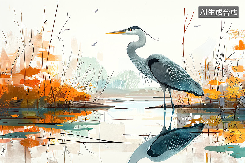 【AI数字艺术】湖边一只单脚支撑的鹭鸶图片素材