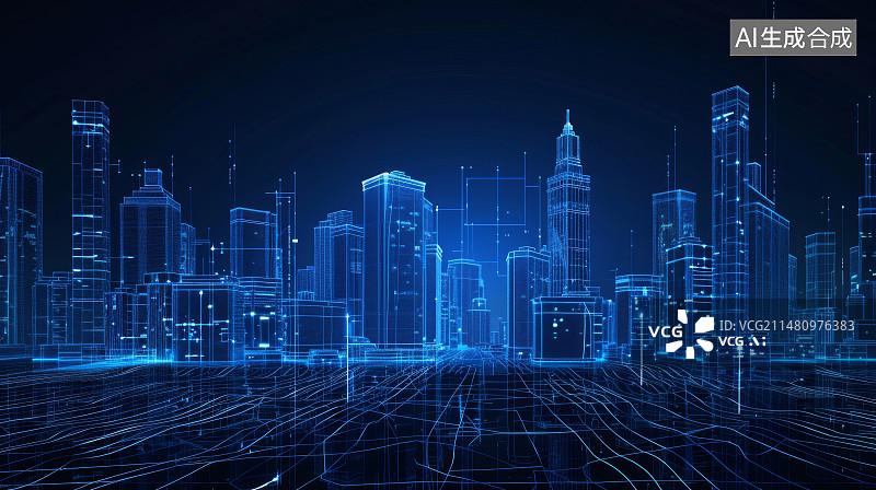 【AI数字艺术】3D全息投影蓝色科技数字城市图片素材