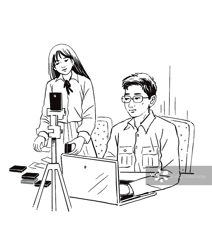 直播带货主播设备工作赚钱产品时代潮流职业发财手绘插图黑白图片素材