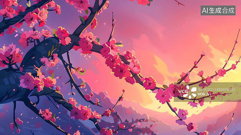 【AI数字艺术】春天背景插画桃花樱花燕子图片素材
