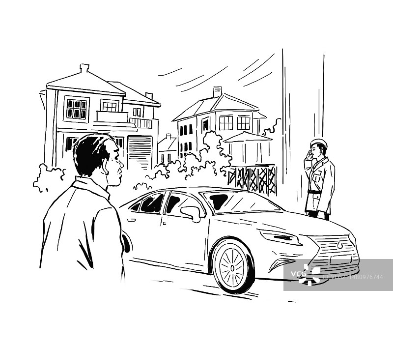 社区门卫生活高档小区服务手绘插图黑白图片素材