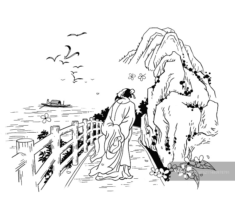 河边休闲人物背影古代男人小船山水风景手绘插图黑白图片素材