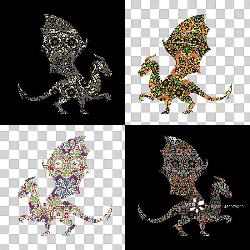 复杂图案中的彩色龙剪影图片素材