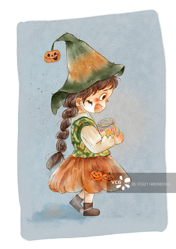 万圣节女孩抱糖罐水彩风儿童插画图片素材