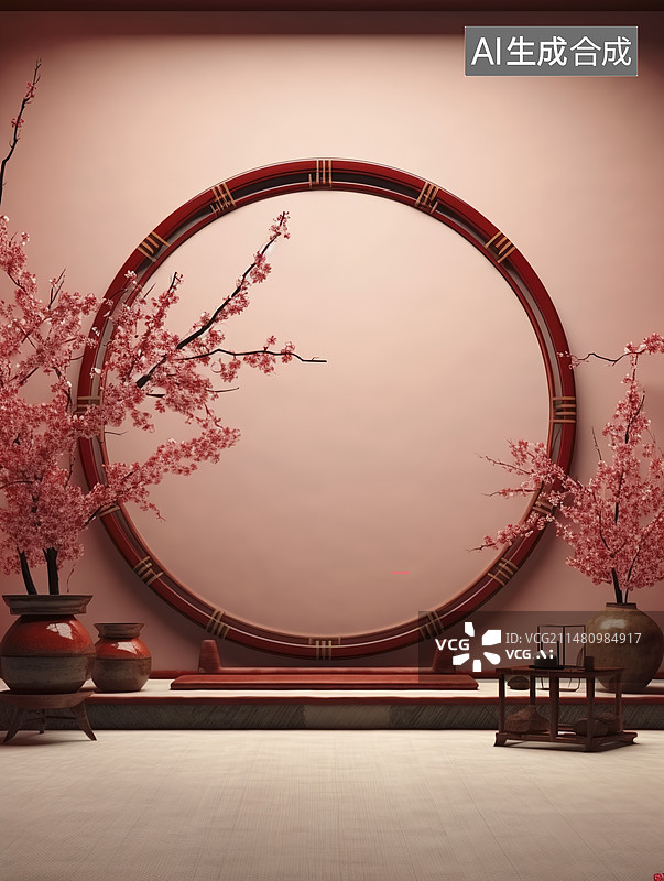 【AI数字艺术】红色中国风圆形展台背景图片素材