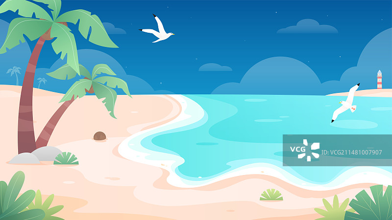 夏天夜晚海边背景插画图片素材