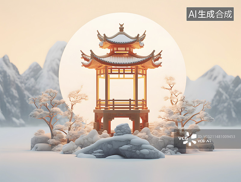【AI数字艺术】冰雪世界里的中国古建筑图片素材