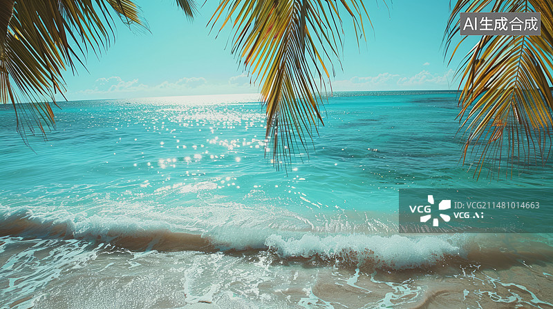 【AI数字艺术】宁静的海滩天堂：清澈的海水和摇曳的棕榈树图片素材