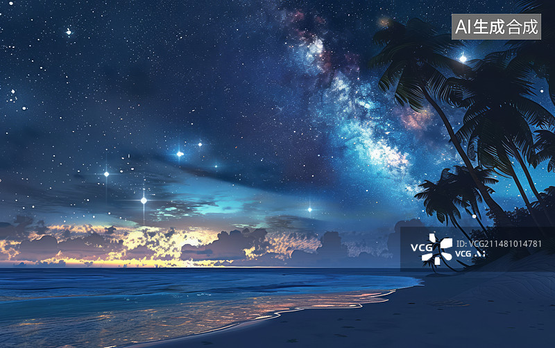 【AI数字艺术】热带岛屿海滩海边夜晚星空背景插画图片素材
