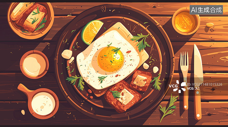 【AI数字艺术】简约扁平插图：美味精致的美食特写，摆放在原木桌子上图片素材