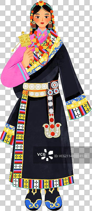 中国五十六个民族女性藏族转经筒服饰插画图片素材