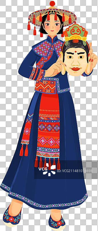 中国五十六个民族毛南族花竹帽女性服饰插画图片素材