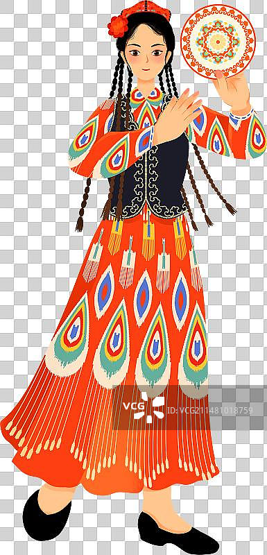 中国五十六个民族维吾尔族女性服饰手鼓插画图片素材