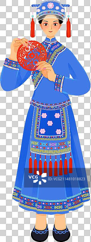 中国五十六个民族仫佬族女性服饰红剪纸插画图片素材