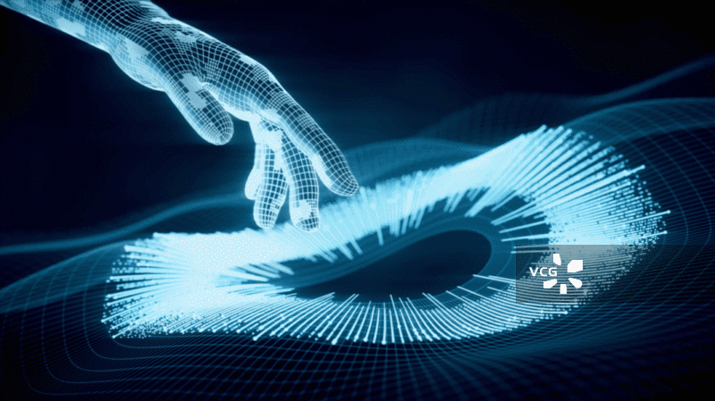 虚拟手臂与科技感线条背景3D渲染图片素材