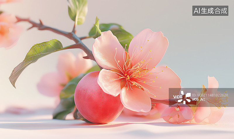 【AI数字艺术】一枝粉色的桃花和一颗水蜜桃图片素材