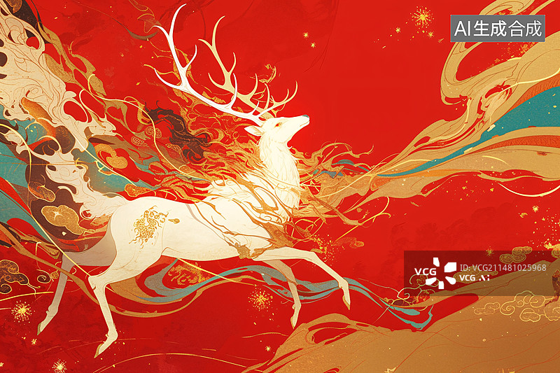 【AI数字艺术】祥云麋鹿插画图案古风背景，中国风祥云背景插画图片素材