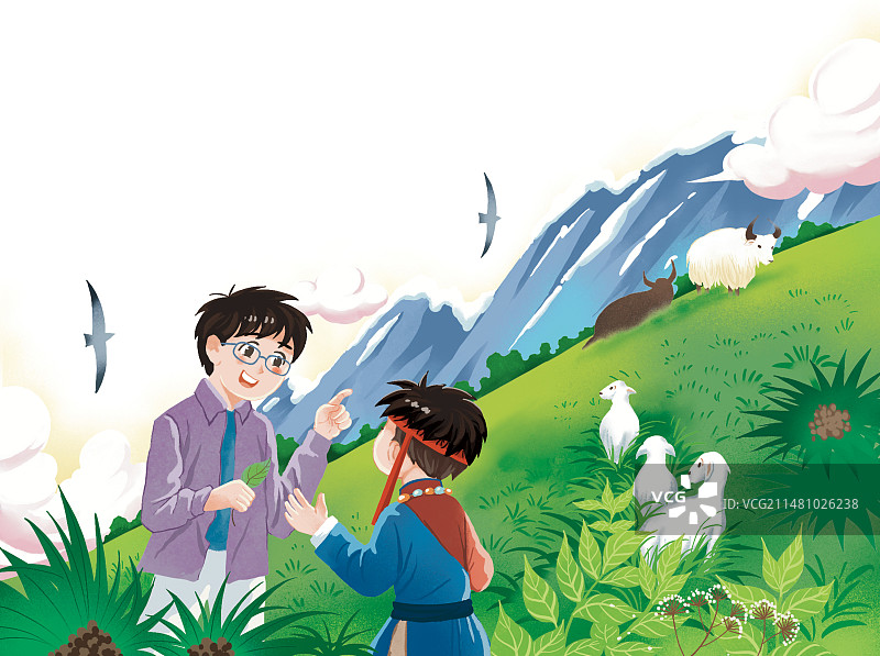 山顶西藏男孩旅行拍照问询聊天谈话藏族牛羊夏季风景雪山绿草卡通彩色插画插图图片素材