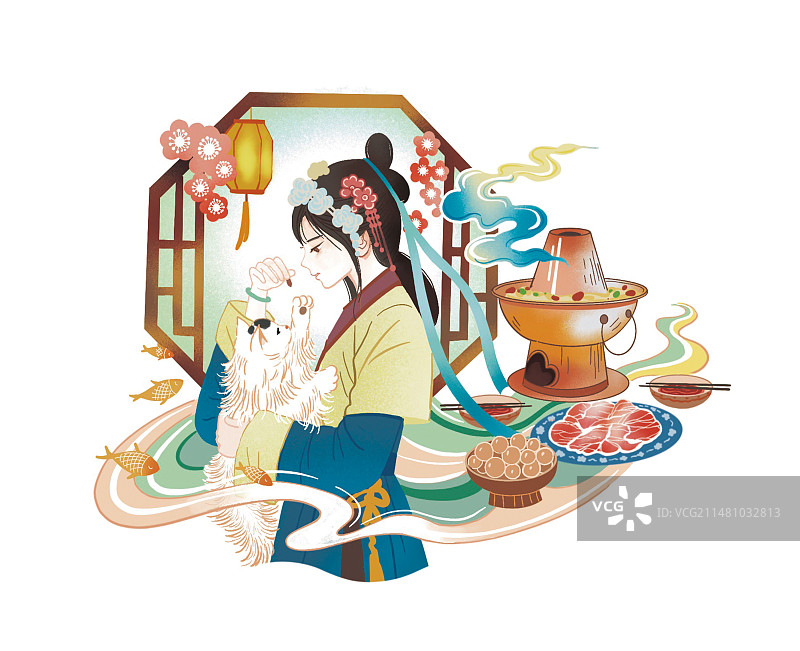 古代人宠物饮食火锅生活传统文化国风国潮风插画图片素材