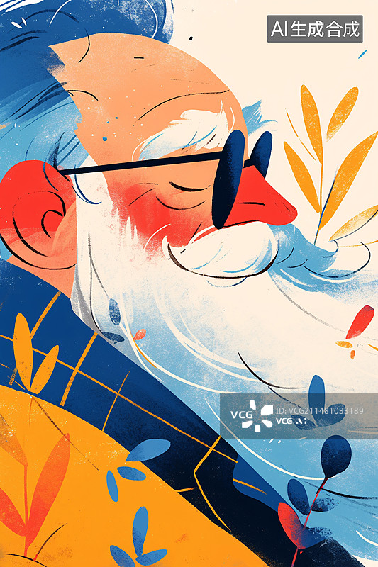 【AI数字艺术】老年人养老微笑插画，重阳节祖父母生活方式概念插图图片素材