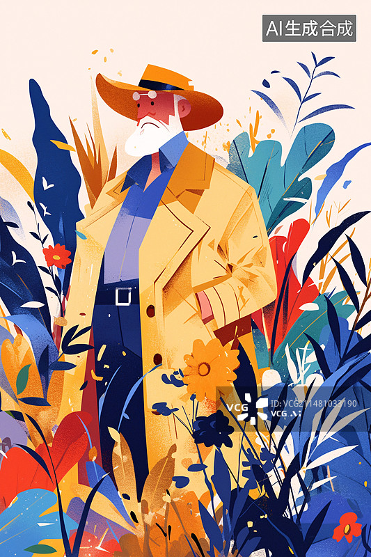 【AI数字艺术】老年人养老微笑插画，重阳节祖父母生活方式概念插图图片素材