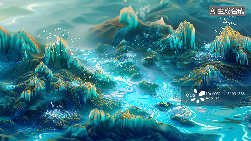 【AI数字艺术】中国风古风国潮山水背景插画，国潮风青绿山水插画图片素材