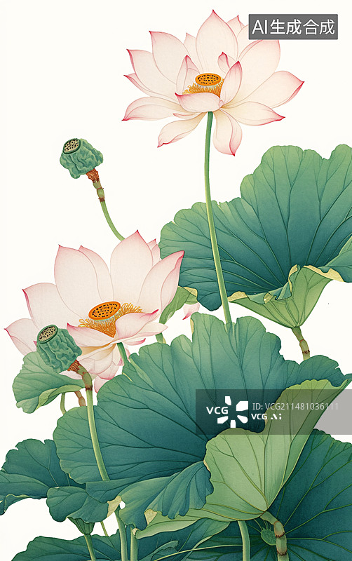 【AI数字艺术】国风荷花莲蓬荷叶插画元素，立夏节气池塘荷花插画图片素材
