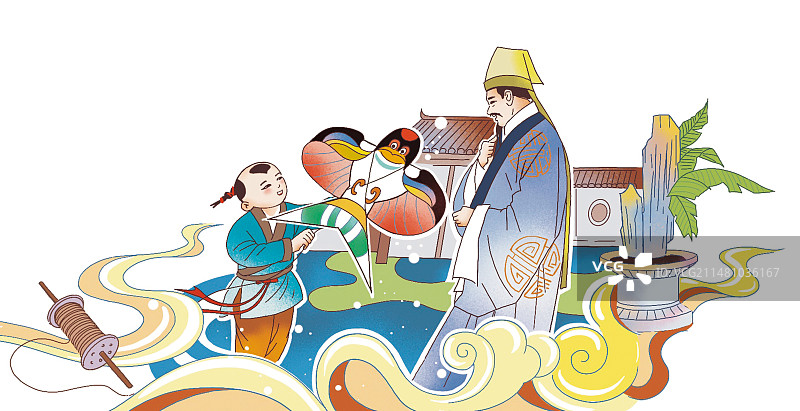 古代人物放风筝男孩祥云国风国潮风彩色插画图片素材