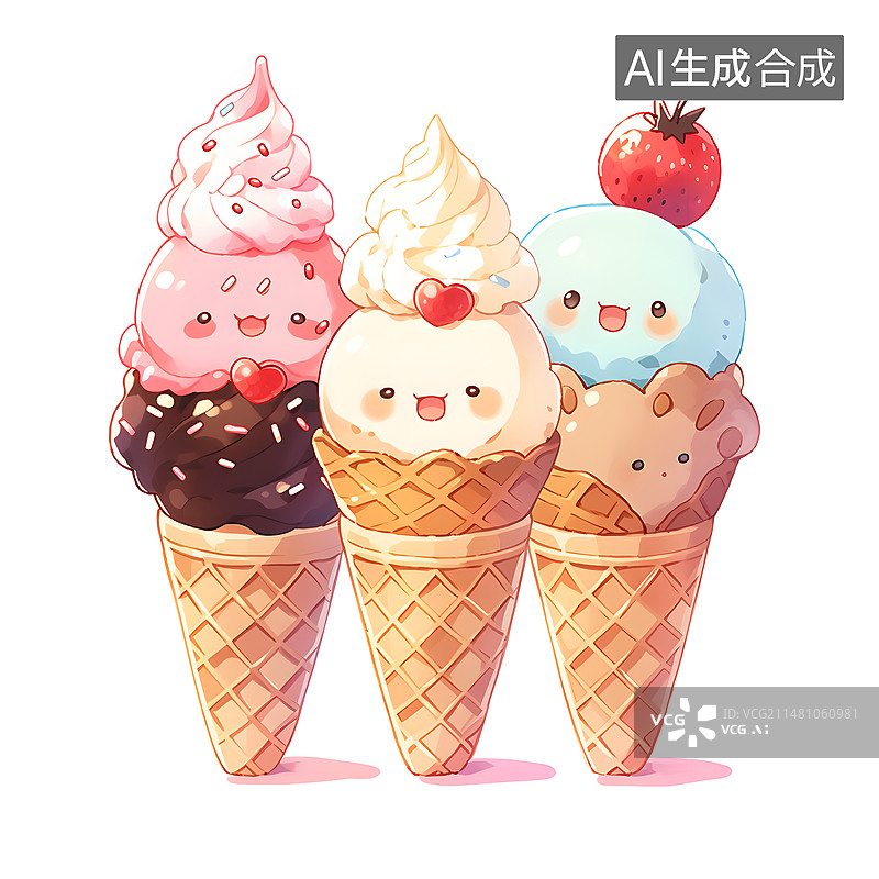 【AI数字艺术】AIGC:卡通可爱的冰淇淋雪糕 设计元素 插图图片素材