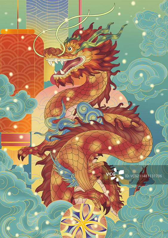 龙年插画灯笼祥云图片素材