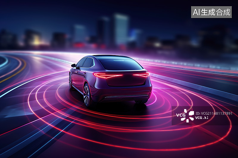 【AI数字艺术】城市公路上自动驾驶的电动车——汽车自动驾驶激光雷达概念图片素材