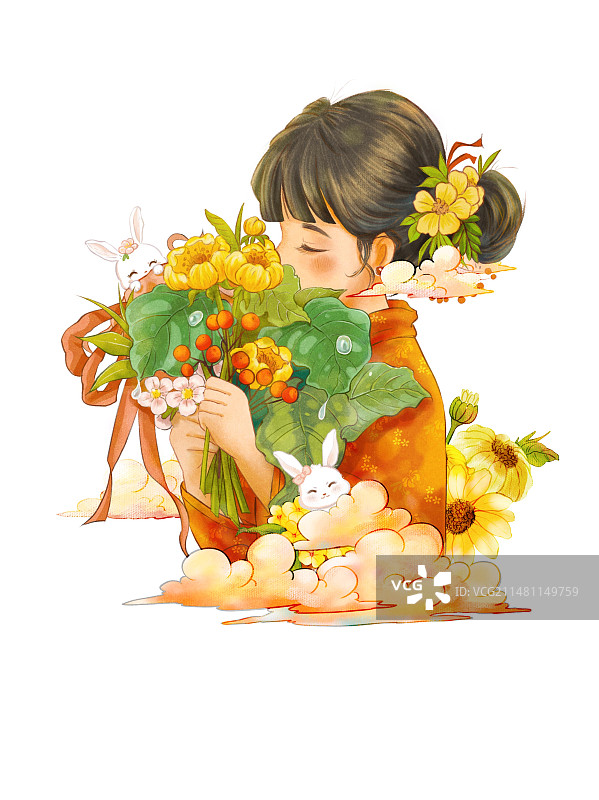 白色背景下手持鲜花的可爱女孩图片素材