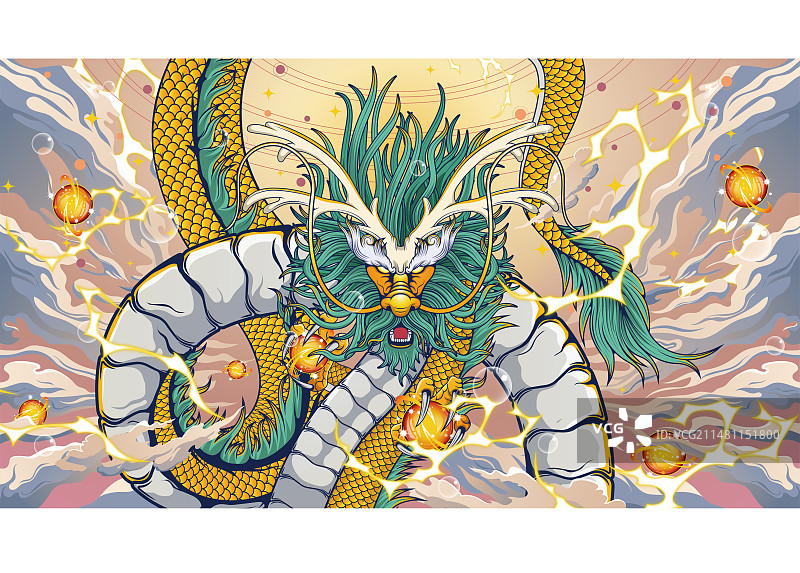 祥龙抓着龙珠在空中图片素材