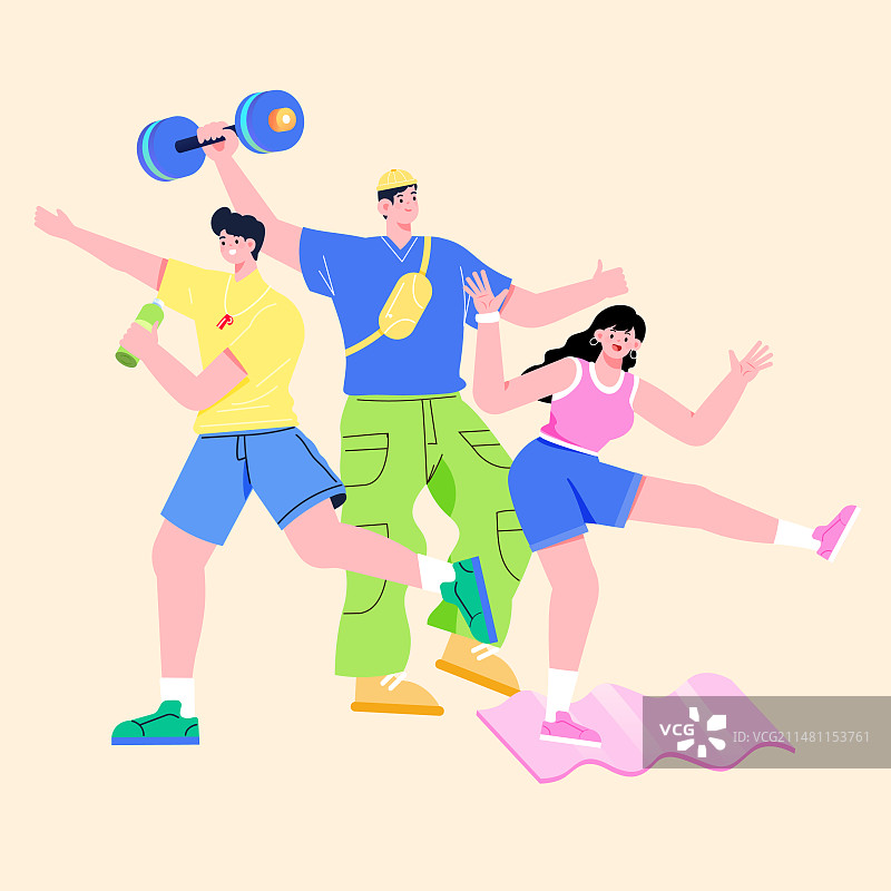 卡通运动爱好健身减肥瘦身计划打卡训练健身房瑜伽举重跑步青年学生情侣朋友新学期电商促销活动渐变矢量插画图片素材