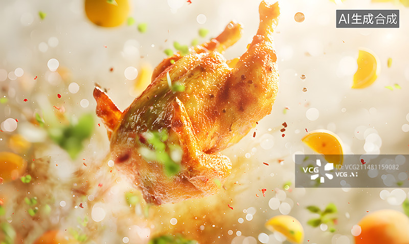 【AI数字艺术】一只从空中掉落的烤鸡图片素材