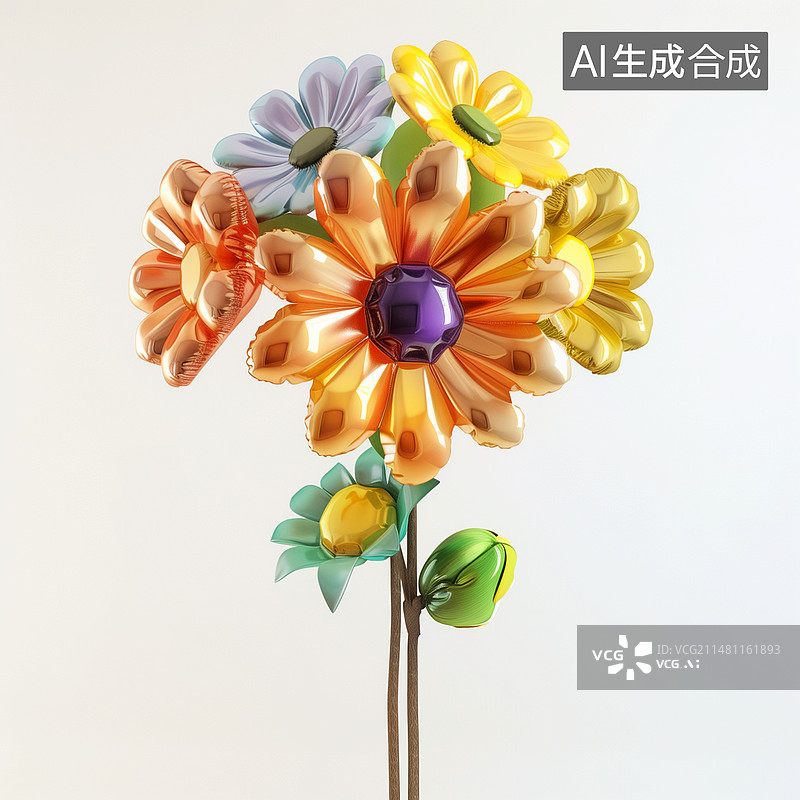 【AI数字艺术】插图，插画，海报，模版，元素，静物，植物，装饰品，鲜花，气球，膨胀风，可爱，立体，白色，花，玩具图片素材
