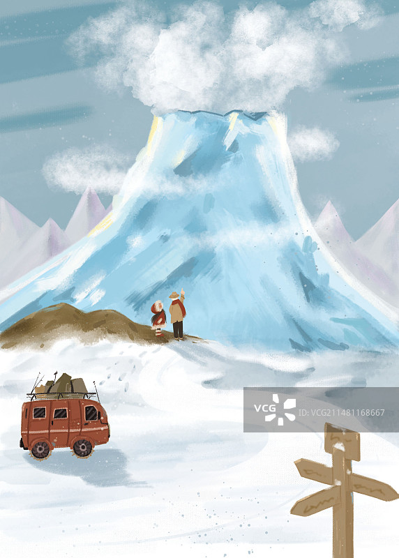 南极火山开车旅行儿童插画图片素材