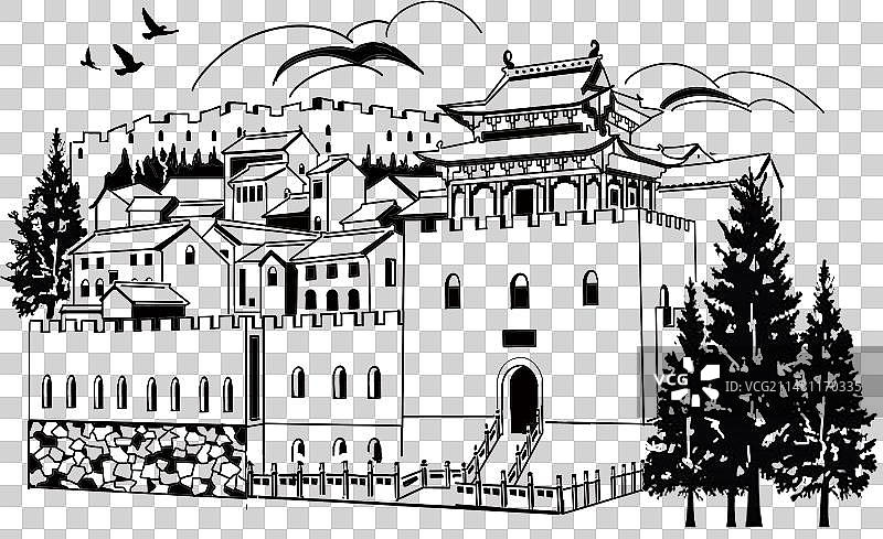 古堡风景版画线稿图片素材