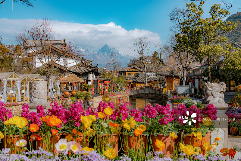 丽江古城望玉龙雪山图片素材