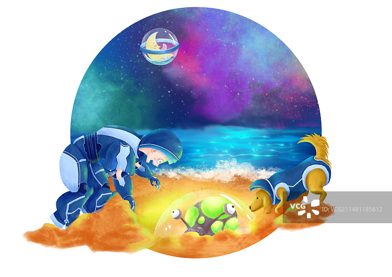 科幻小男孩和狗挖沙子插画图片素材