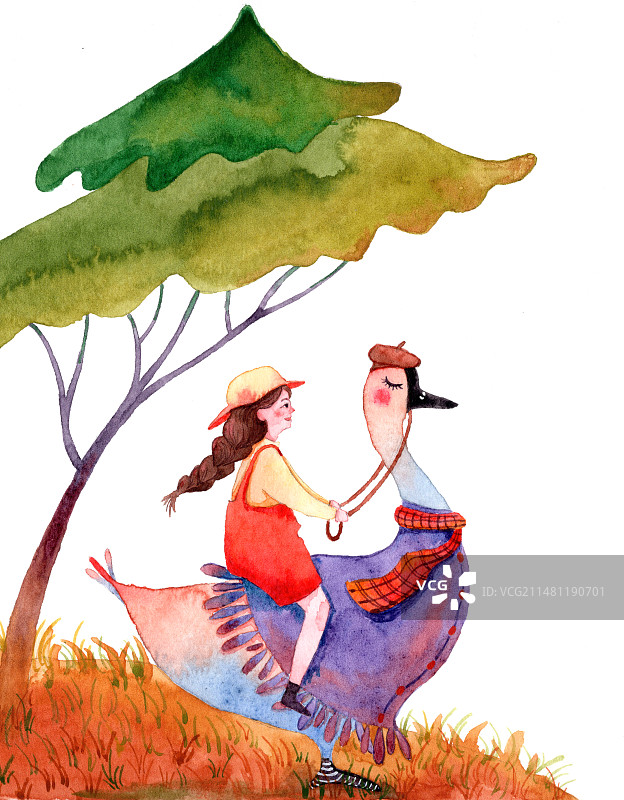骑鹅的女孩手绘插画图片素材