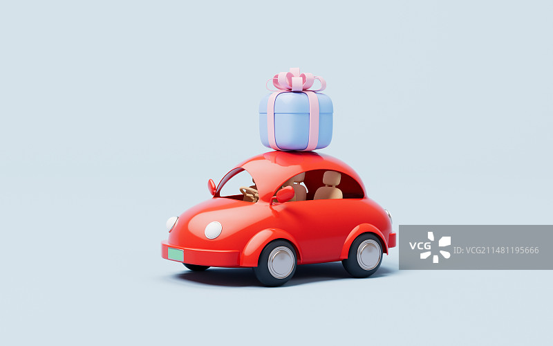 卡通汽车与爱心礼物3D插画图片素材