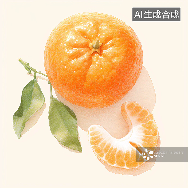 【AI数字艺术】美味的橘子果肉沙糖桔叶子水果水彩插画图片素材