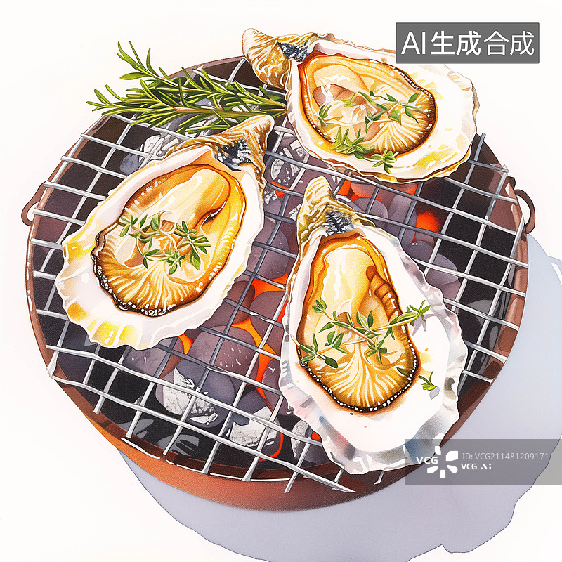 【AI数字艺术】美味的碳烤生蚝水彩插画图片素材