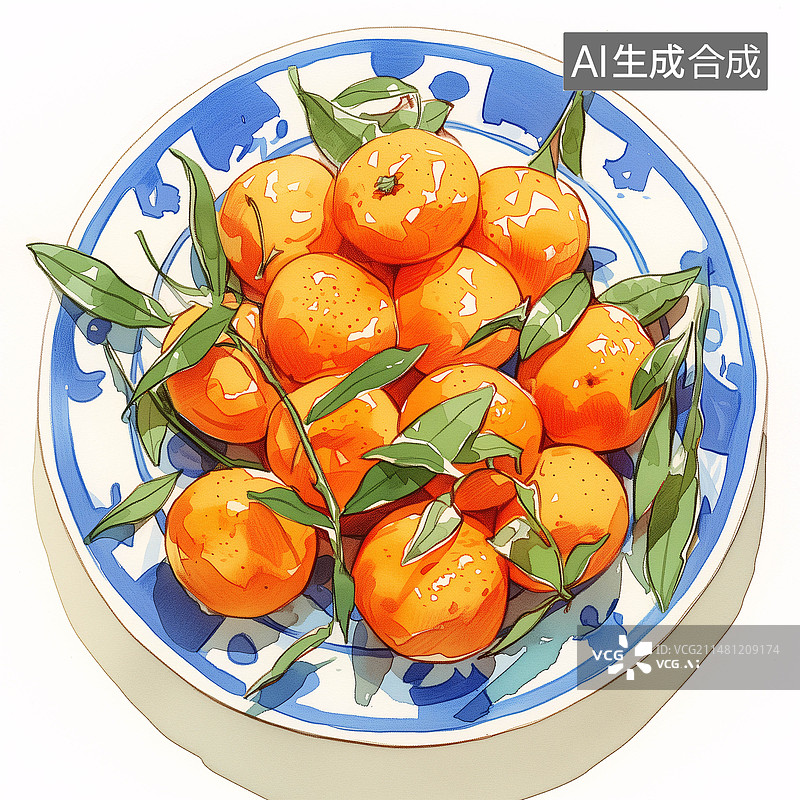 【AI数字艺术】青花瓷盘里的一盘沙糖桔水彩插画图片素材