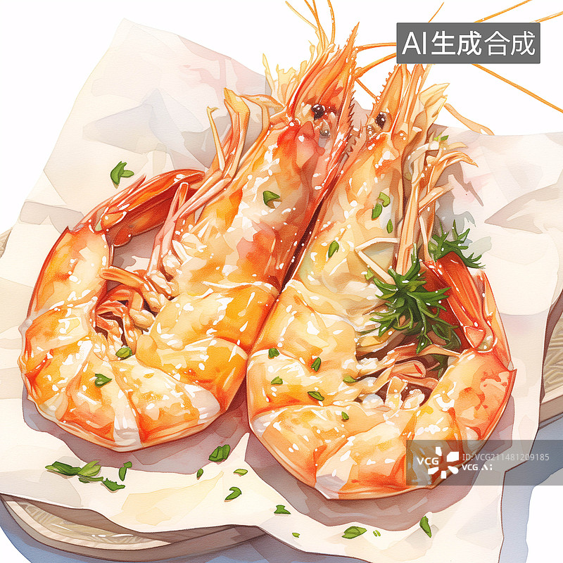 【AI数字艺术】烧烤纸上两只美味的海虾美食插画图片素材