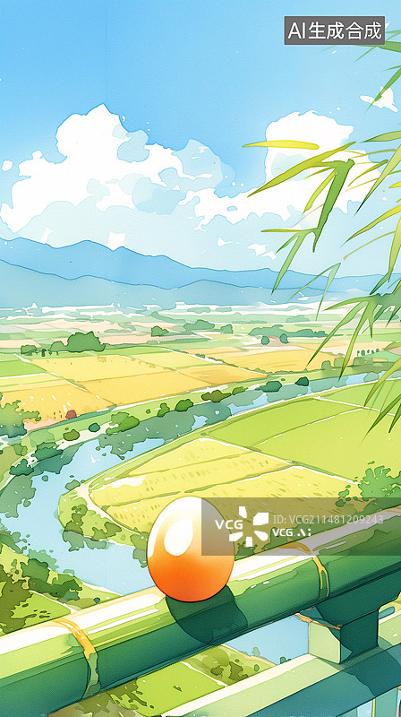 【AI数字艺术】竹栏杆上立着一个鸡蛋农田村庄山坡春分节气插画图片素材