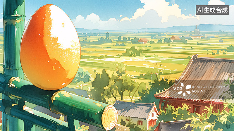 【AI数字艺术】竹栏杆上立着一个鸡蛋农田村庄山坡春分节气插画图片素材
